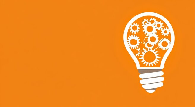 Lightbulb with gears on orange background representing innovation and creativity