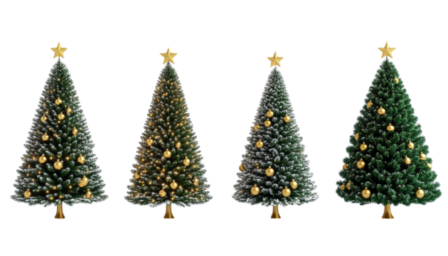 Festive Three-Tree Golden Ornament Bundle – isolated on transparent background.