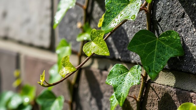 Close up of ivy leaves with water droplets clinging to the surface against a brick wall backdrop