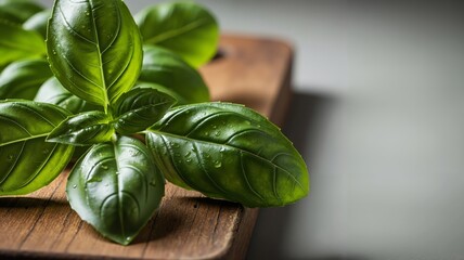 Fresh green basil leaves with water drops on a wooden board. Organic aromatic herb for Italian cuisine cooking. Copy space