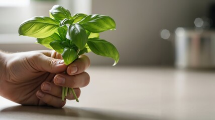 Hand holding fresh green basil leaves in a kitchen. Organic aromatic herb bunch for cooking. Copy space for text