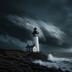 Obraz premium Moody shot of a towering lighthouse battling a massive coastal storm, with dark, ominous clouds filling the turbulent sky ,iconic ,warning light ,Lighthouse