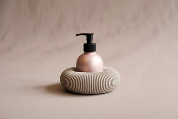 Minimalist dispenser bottle with black pump in textured holder on neutral background