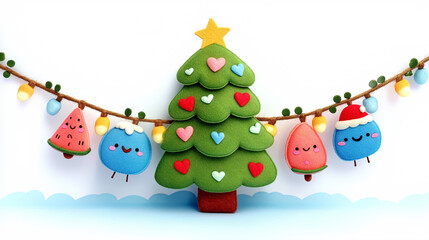 Felt Christmas tree with bright colors and cute decorations. Cheerful setting for holiday celebrations. Concept of crafts, festive decor, seasonal products