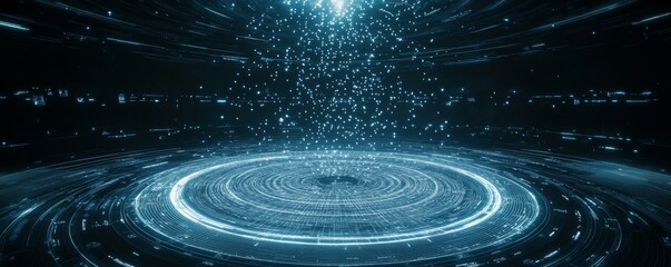 Futuristic digital light rays and data streams on a black background