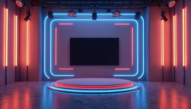 Futuristic virtual studio background rendered in 3D. Neon lights illuminate circular stage with large monitor. Modern set ideal for online meetings, digital broadcasts. Represents remote work,