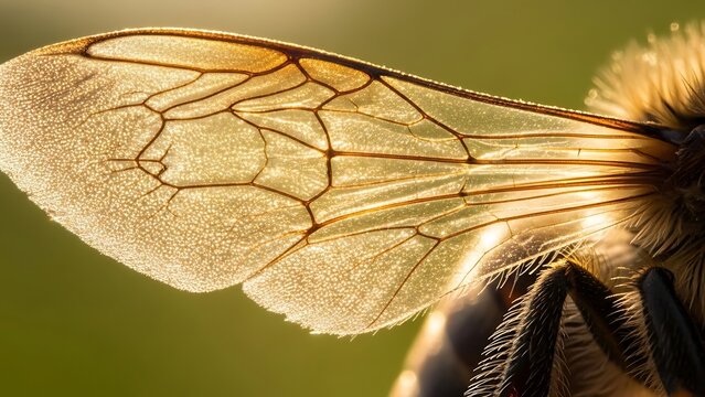 A close up of a bee wing showing intricate venation and delicate structure in golden light detail