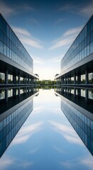 Symmetrical view of two modern office buildings reflected in calm water under a bright blue sky with scattered clouds.