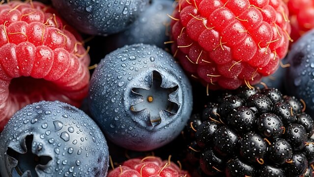 Close up of fresh berries with water droplets including raspberries blueberries and blackberries 100char - Powered by Adobe