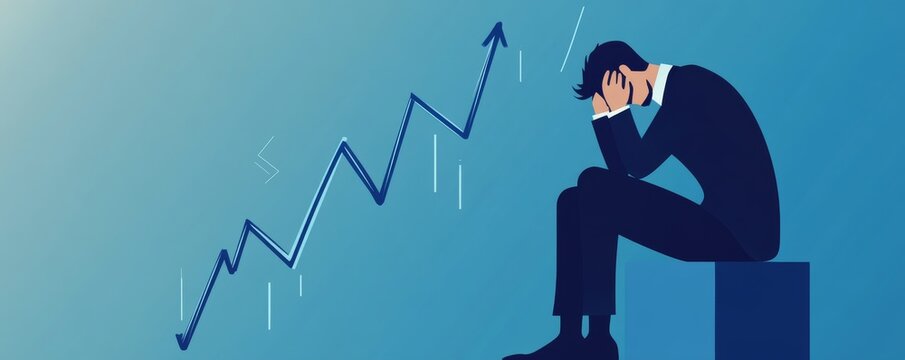 Businessman sitting with head in hands facing a declining financial graph