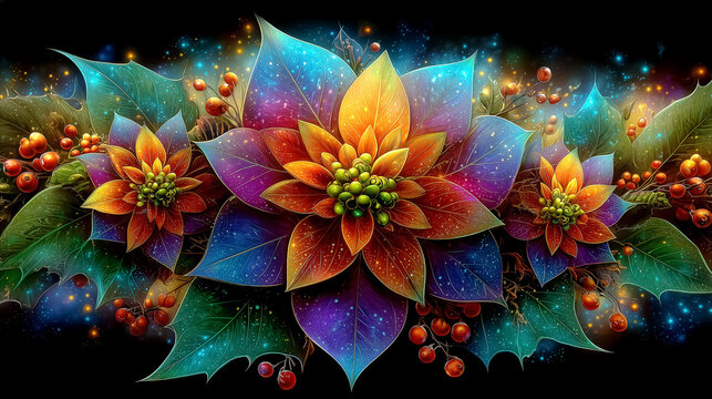 Bright floral design showcasing poinsettias and berries in vivid colors. The backdrop is black, making the flowers stand out. Concept of decoration, floral art, holiday designs