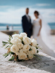 Elegant Wedding Bouquet With Couple in the Background