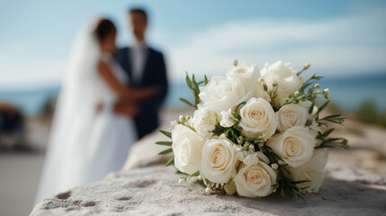 Romantic White Rose Bouquet at Outdoor Wedding