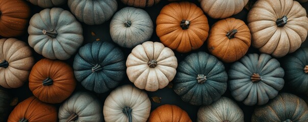 Top view of assorted colorful pumpkins in autumn colors, perfect for fall themes