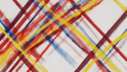 Abstract composition of intersecting, colorful brushstrokes on a white backdrop