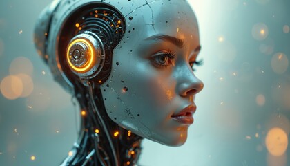 Metallic female android head shows glowing circuits. Futuristic cyborg face with closed eyes, serene calm expression. Advanced AI concept art, science fiction portrait.