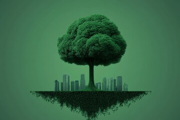 Surreal green tree shaped like an atomic bomb with cityscape background expressing environmental protection and urban nature