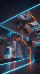 Abstract architectural space featuring white structures with stairs and arches illuminated by blue and orange neon lights.
