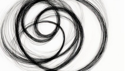 Abstract artwork. Black, swirling lines overlap against a stark white background, creating complex patterns