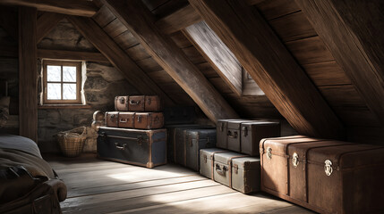 Rustic alpine chalet attic with exposed beams, vintage trunks and soft natural light entering through a small window
