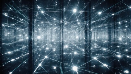 Abstract tunnel of interconnected luminous nodes, forming a data network structure