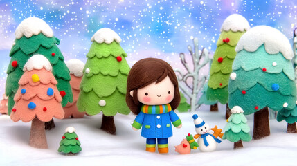 Cheerful girl with brown hair in blue coat stands next to snowman in vibrant winter landscape. Soft snow covers ground, Christmas trees adorned with ornaments