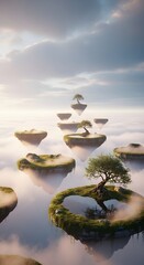 Floating islands with trees hover amidst a sea of clouds, creating a surreal and ethereal landscape.