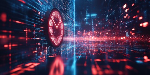 Exploring abstract digital futuristic technology in a pixel panoramic banner exhibit virtual space digital art futurism