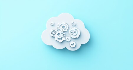 Cloud computing concept with gears inside a cloud shape on blue background