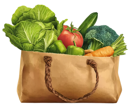 Paper bag overflowing with fresh vegetables isolated on a transparent background - Powered by Adobe