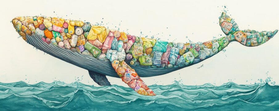 Creative watercolor illustration of a whale made from garbage in the ocean highlighting environmental pollution