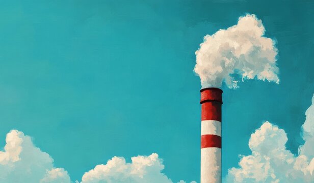 Red and white smokestack emitting clouds of smoke against a bright blue sky