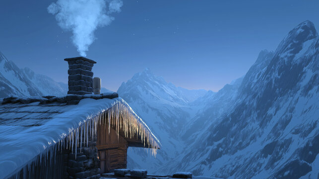 Snow-covered alpine chalet rooftop with icicles shimmering in cold blue twilight, smoke rising gently from chimney