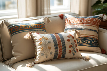 Comfortable boho style throw pillows with tassels on a sofa