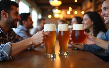 Group of people drinking beer at brewery pub restaurant - Happy friends enjoying happy hour sitting at bar table - Closeup image of brew glasses - Food and beverage lifestyle concept. High quality