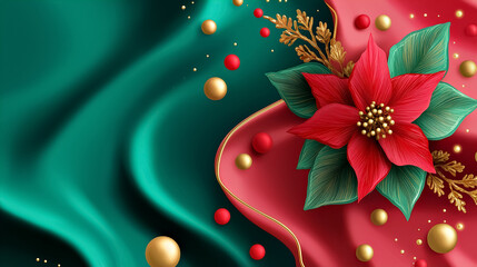 Red poinsettia placed on rich green and red fabric with decorative gold and red accents. Dynamic composition creates a festive feel. Concept of holiday decor, seasonal celebration, home decoration