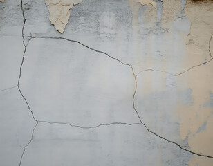 Close up of a weathered concrete wall with peeling paint and prominent cracks