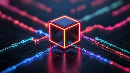 A glowing cube surrounded by vibrant neon lines, set against a dark, digital background, representing technology and connectivity.