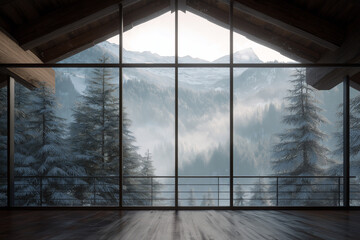 View from inside an alpine chalet through a large glass wall showing snowy pines and misty mountains, soft reflections on the glass