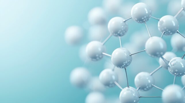 A close-up view of interconnected spheres representing molecular structures against a soft blue background, symbolizing scientific research and innovation. - Powered by Adobe