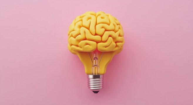 Bright yellow brain shaped lightbulb on pink background symbolizing creativity and innovation