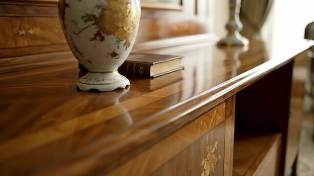 Elegant wooden cabinet with decorative inlay and vases, detail view