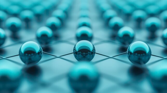 A close-up view of a grid of reflective spheres in a blue hue, showcasing a symmetrical arrangement against a soft-focus background.