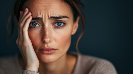 Fototapeta premium A concerned woman with furrowed brows gazes intently, expressing distress and contemplation against a dark background.