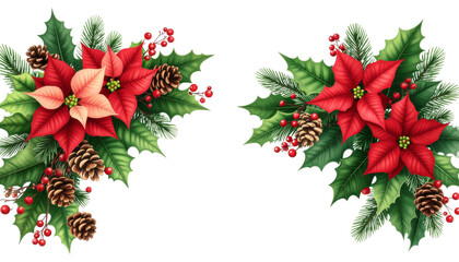 Holiday Corner Decoration with Poinsettias and Holly Berries &ndash; isolated on transparent background.