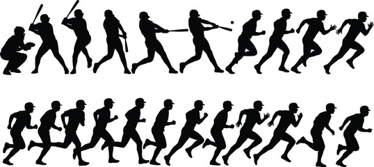Baseball silhouettes, batting to running, motion sequence, athleticism, posture, behavior, uniform, action, technique, training, black, minimal, abstract, people, sport
