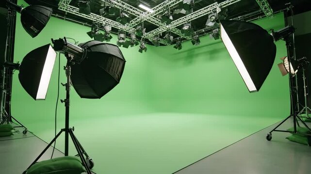 Empty professional green screen studio with various lighting equipment and softboxes