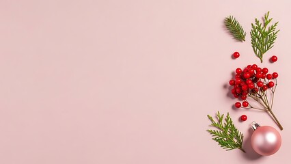 Christmas border decoration with red berry and pink ornament on pink