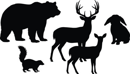 Black Silhouettes of Forest Wildlife Animals, Vector Illustration Set with Bear, Skunk, Doe, Buck, and Rabbit, Graphics Representing Nature, Environment, and Hunting Season.