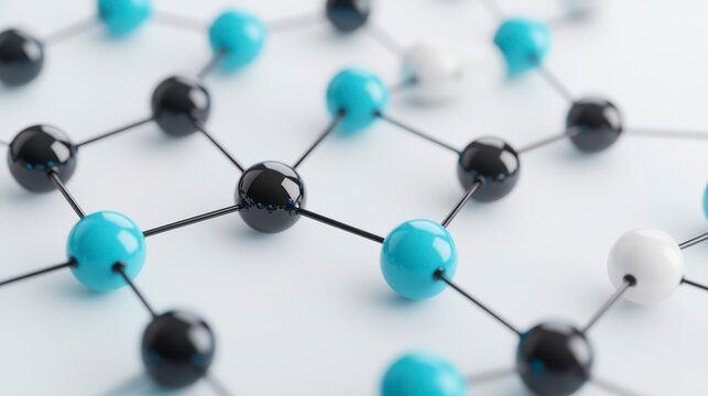A close-up visualization of interconnected molecules featuring black, blue, and white spheres, representing a network of chemical bonds.